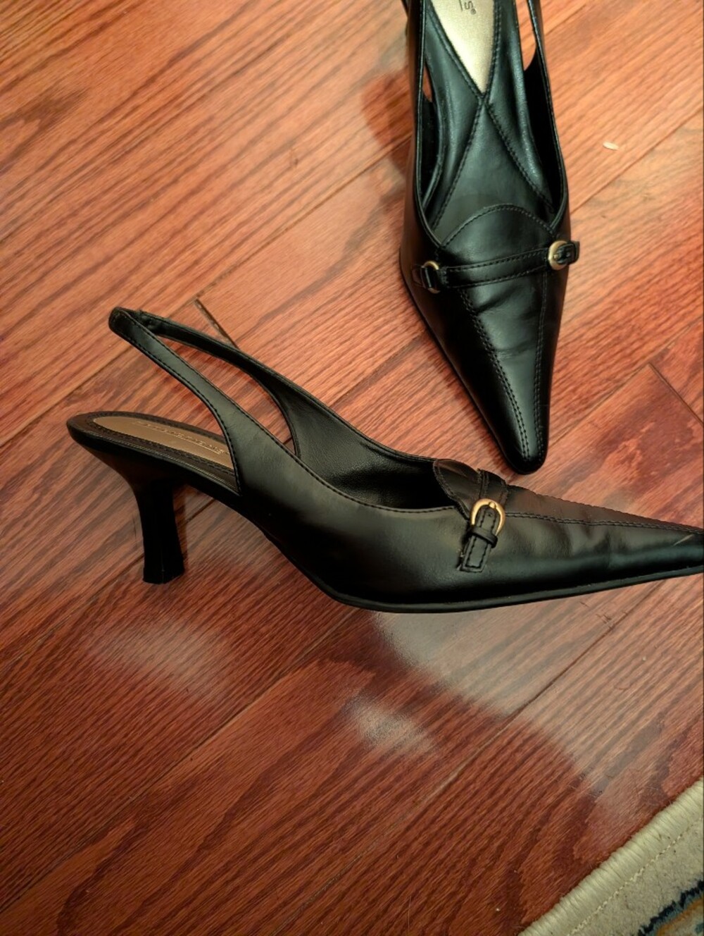 Black Slingback Pointed-Toe Heels with Gold Buckle